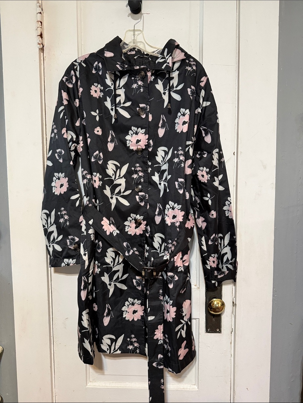 Capelli of New York Black Floral Hooded Trench Coat with Pink & White Accents